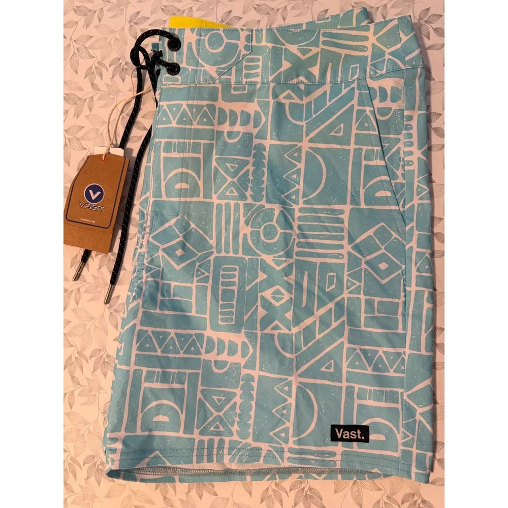 Vast African Stone Retro Classic Boardshorts Sky Blue Geometric Mens 36 NEW